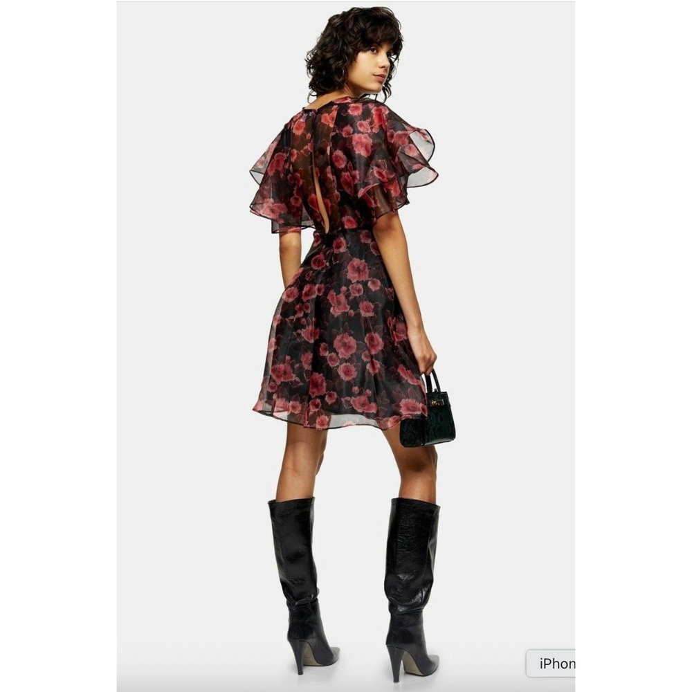 TOPSHOP Floral Mini Dress Size 8 Sheer Ruffle Organza Romantasy Whimsigoth Party